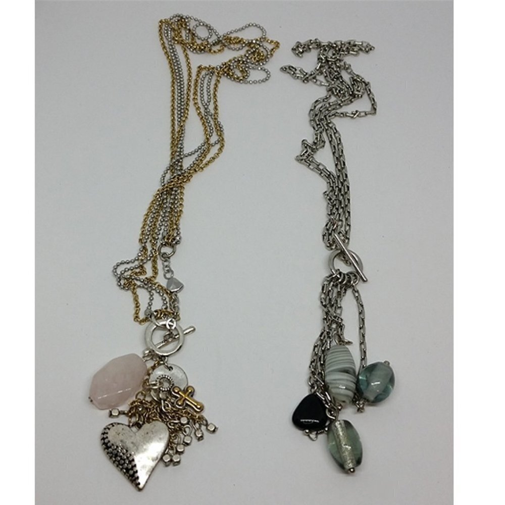 CURATED bundle 2 toggle front heart + glass charm multi chain necklaces trendy.